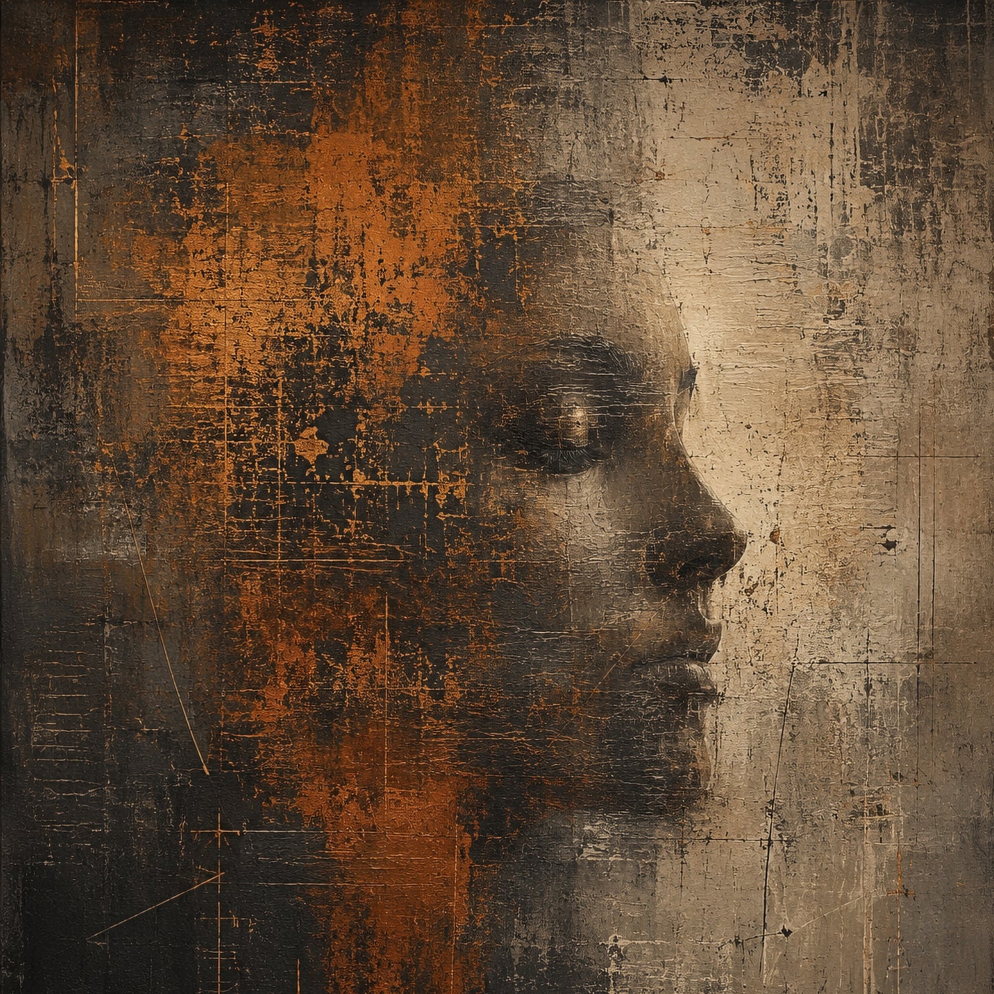 Distressed abstract artwork in burnt orange, charcoal and weathered stone with a human face in side profile emerging through layered textures