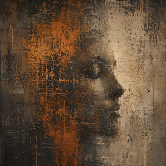 Distressed abstract artwork in burnt orange, charcoal and weathered stone with a human face in side profile emerging through layered textures