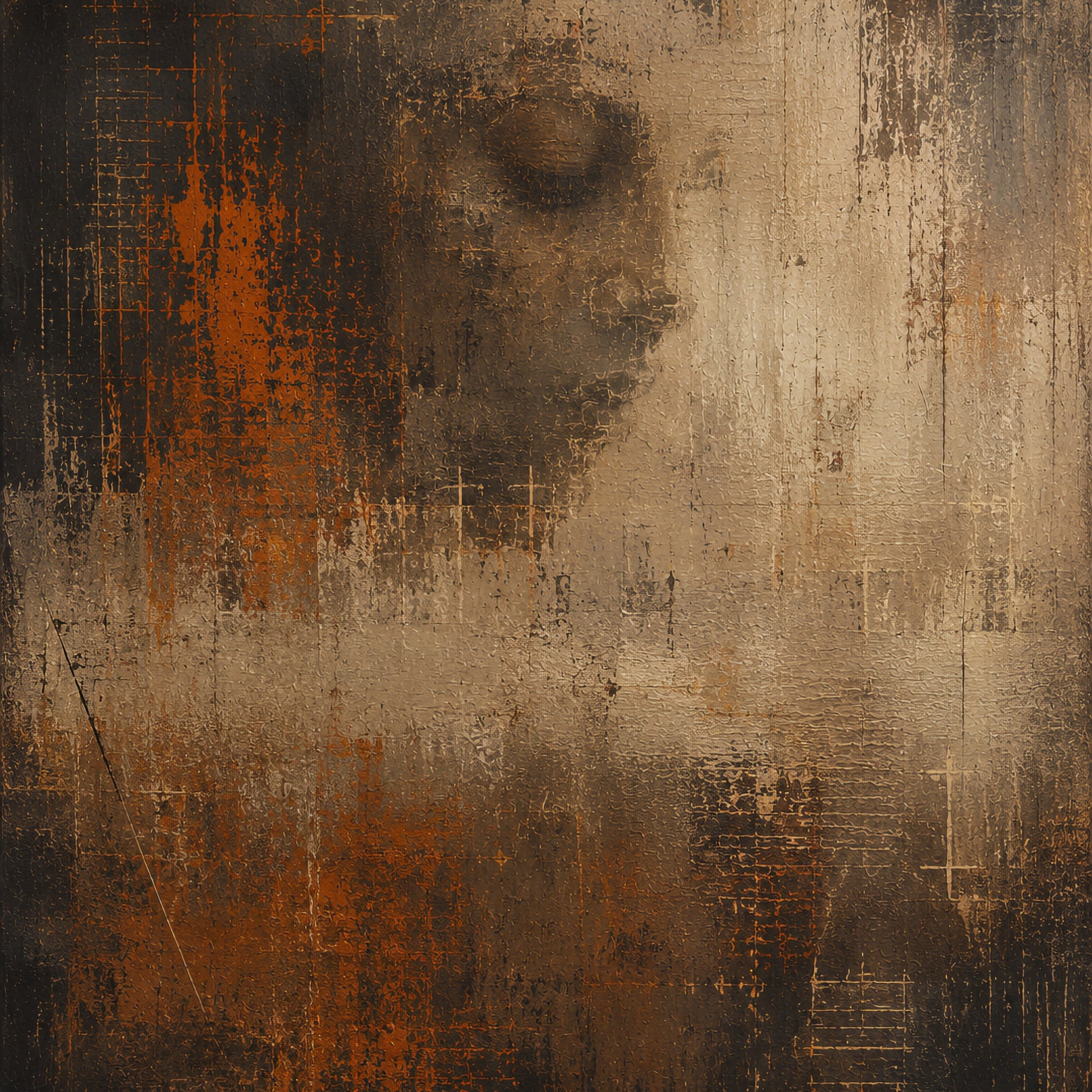 Distressed abstract artwork in charcoal, burnt orange and weathered neutral tones with a partially erased human face in side profile
