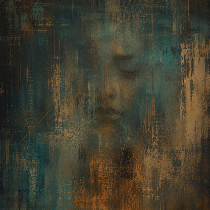 Distressed abstract artwork in deep teal, charcoal and bronze with a partially concealed frontal human face emerging through layered textures