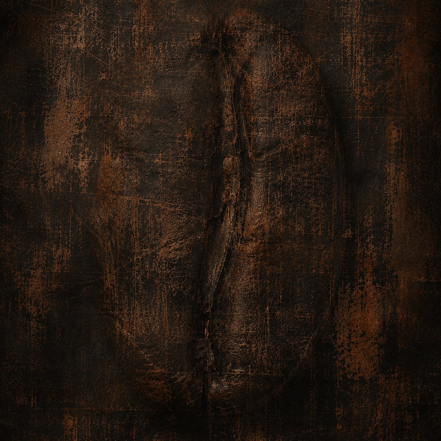 Dark distressed abstract artwork in black, charcoal and oxidised copper concealing the divided form of a coffee bean