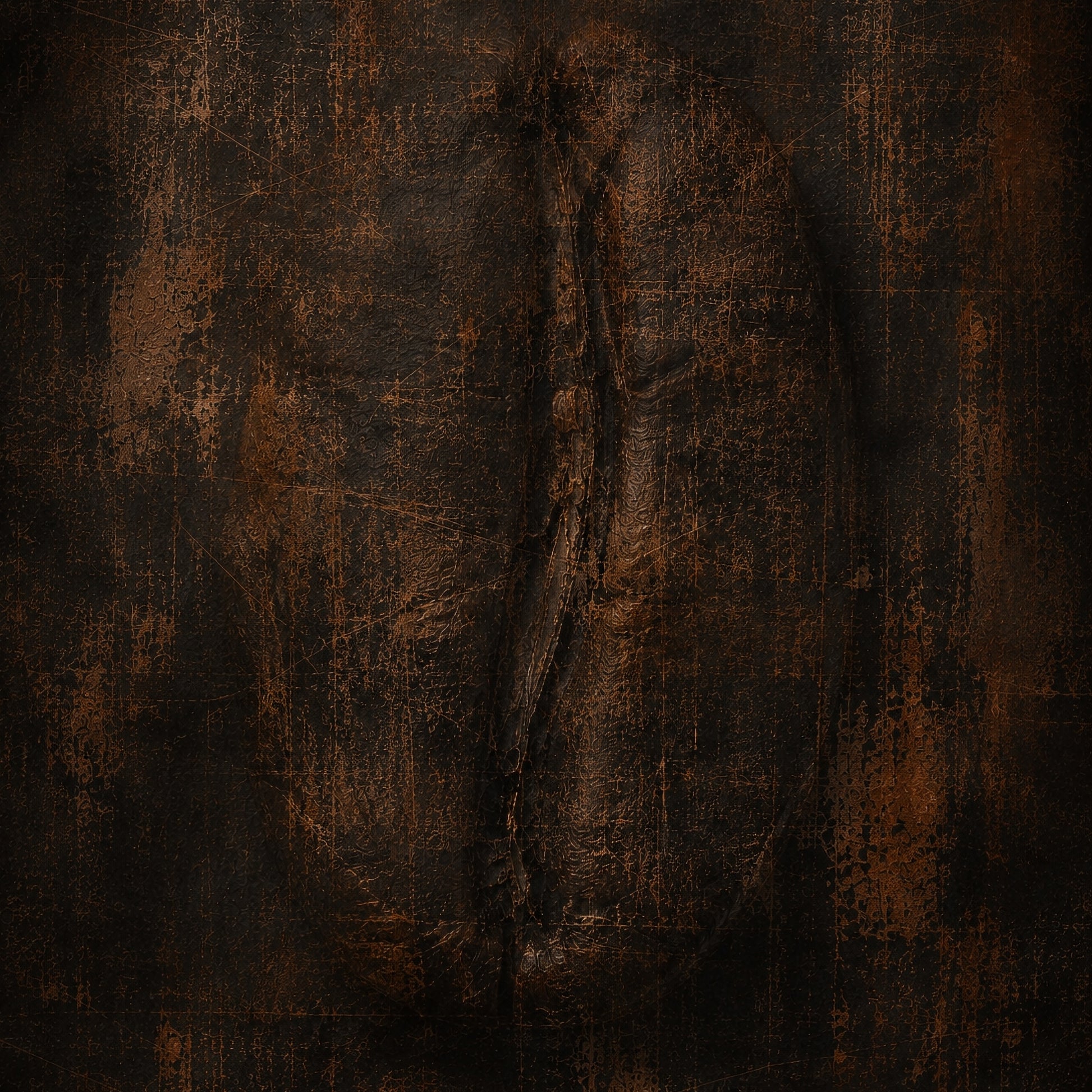 Dark distressed abstract artwork in black, charcoal and oxidised copper concealing the divided form of a coffee bean