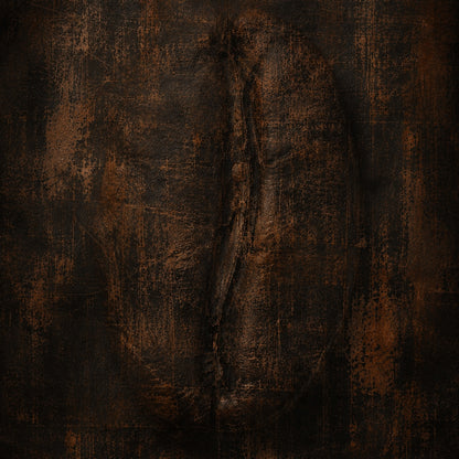 Dark distressed abstract artwork in black, charcoal and oxidised copper concealing the divided form of a coffee bean