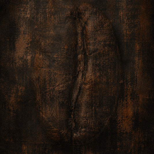 Dark distressed abstract artwork in black, charcoal and oxidised copper concealing the divided form of a coffee bean