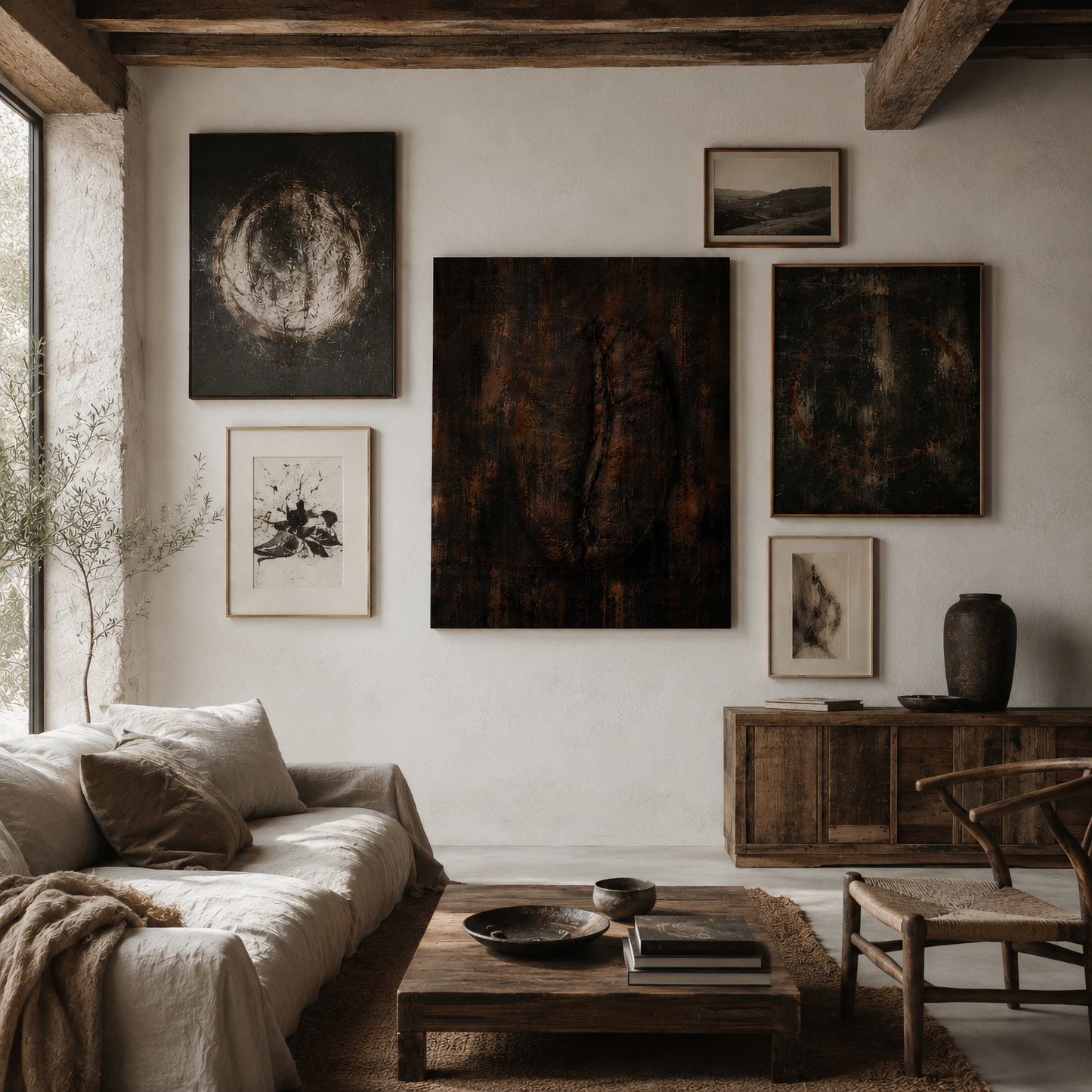 Framed dark distressed abstract artwork with a divided coffee bean form displayed in a contemporary interior