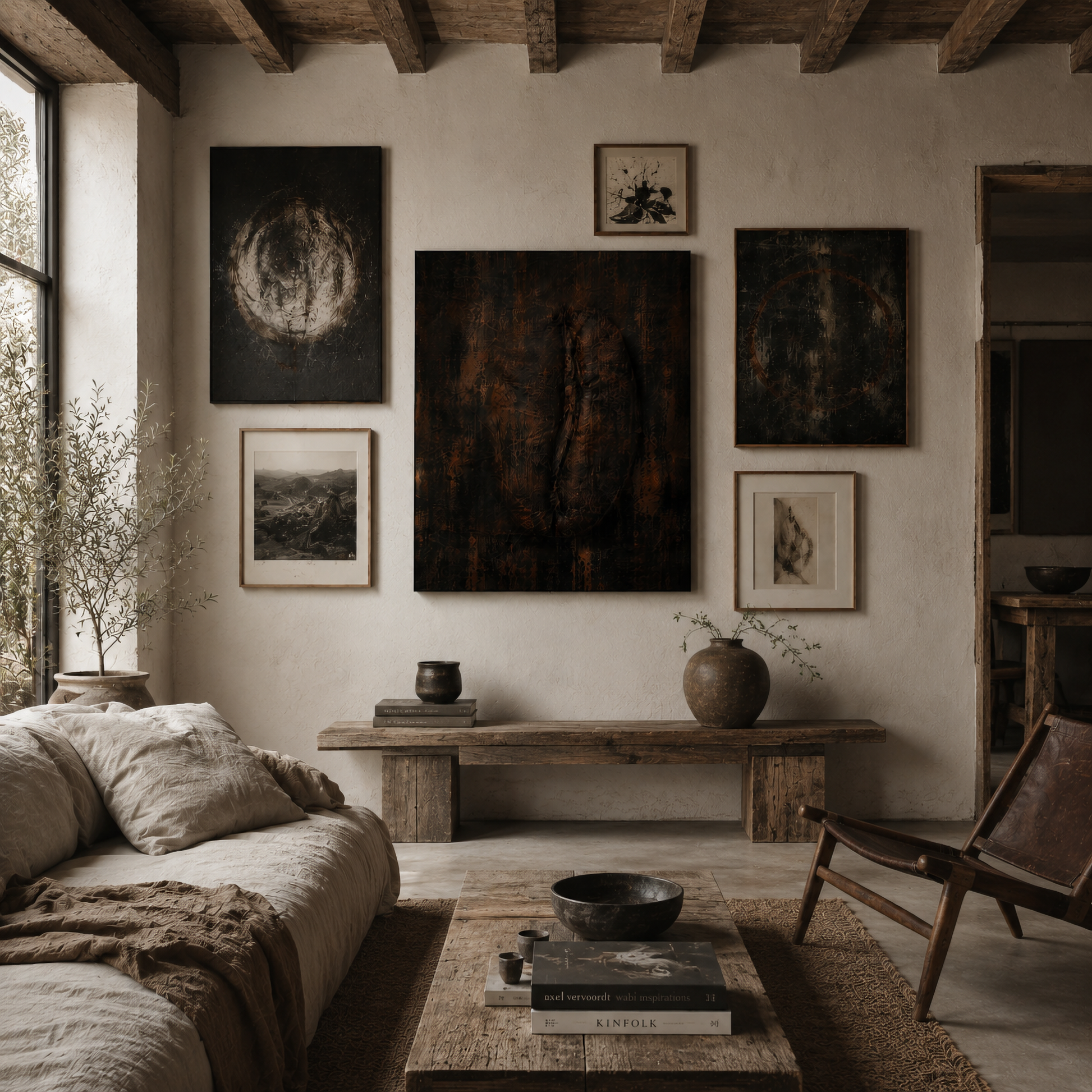 Framed dark distressed abstract artwork with a divided coffee bean form displayed in a contemporary interior