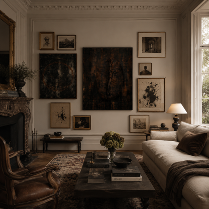 Framed dark distressed abstract artwork with a divided coffee bean form displayed in a contemporary interior