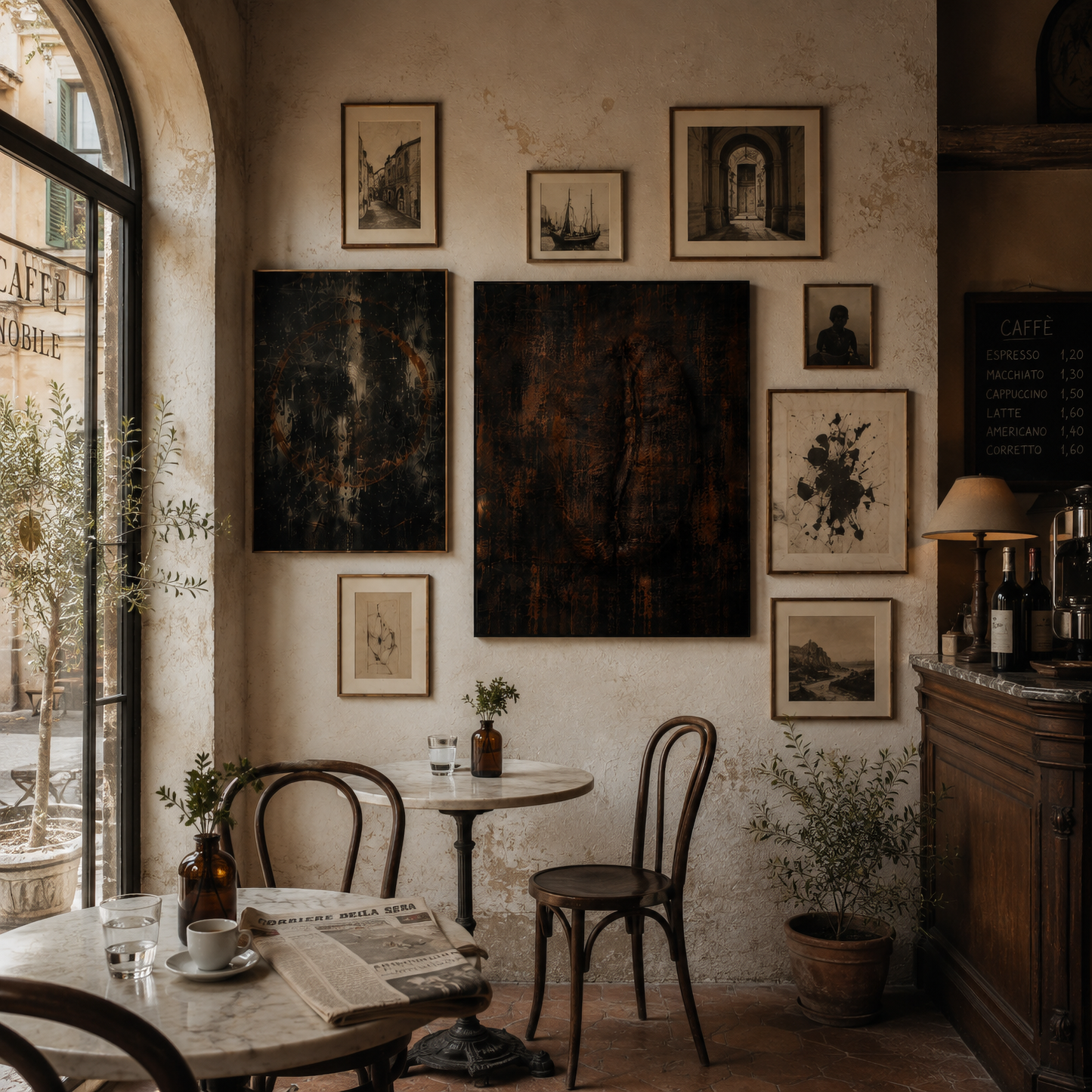 Framed dark distressed abstract artwork with a divided coffee bean form displayed in a contemporary interior