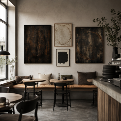 Framed dark distressed abstract artwork with a divided coffee bean form displayed in a contemporary interior