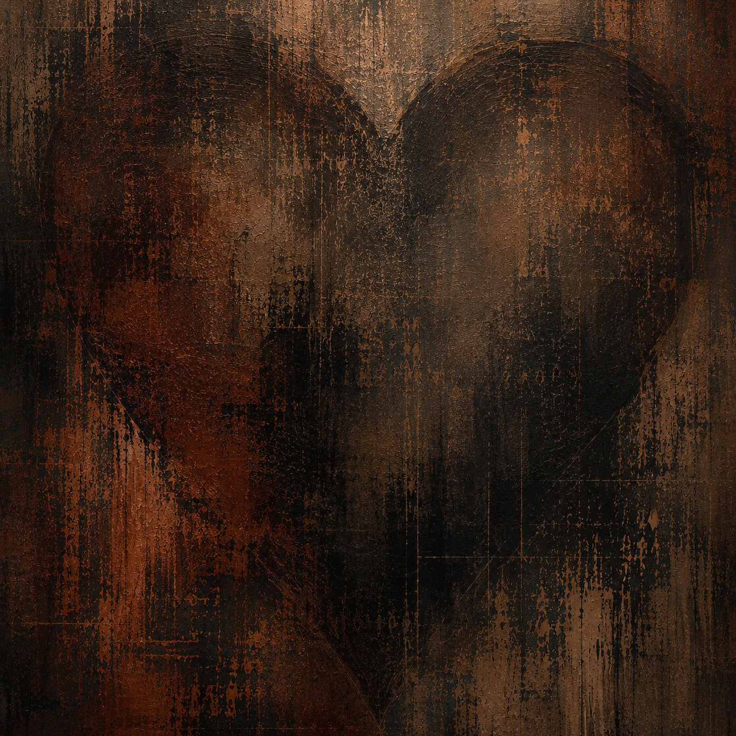 Dark distressed abstract artwork in charcoal, burnt umber and weathered copper with a large heart form concealed beneath scratched layers