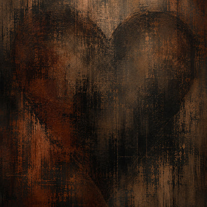 Dark distressed abstract artwork in charcoal, burnt umber and weathered copper with a large heart form concealed beneath scratched layers