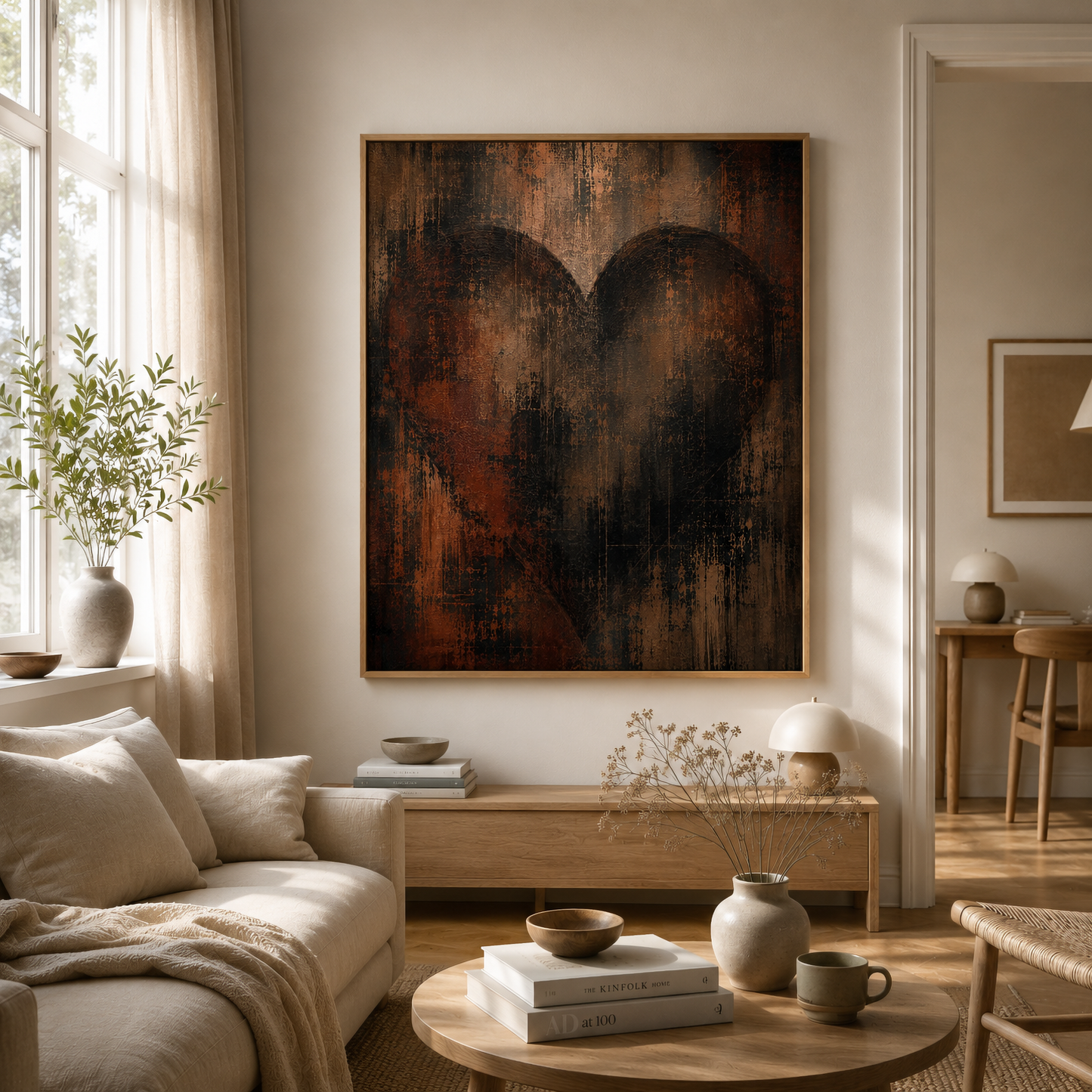 Close-up detail of dark distressed abstract artwork with a concealed heart form