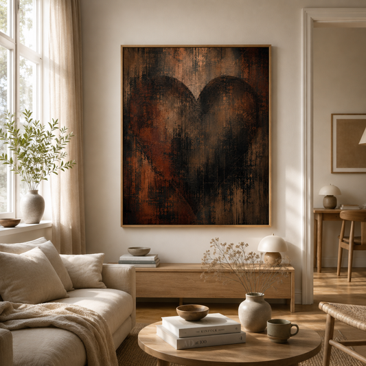 Close-up detail of dark distressed abstract artwork with a concealed heart form