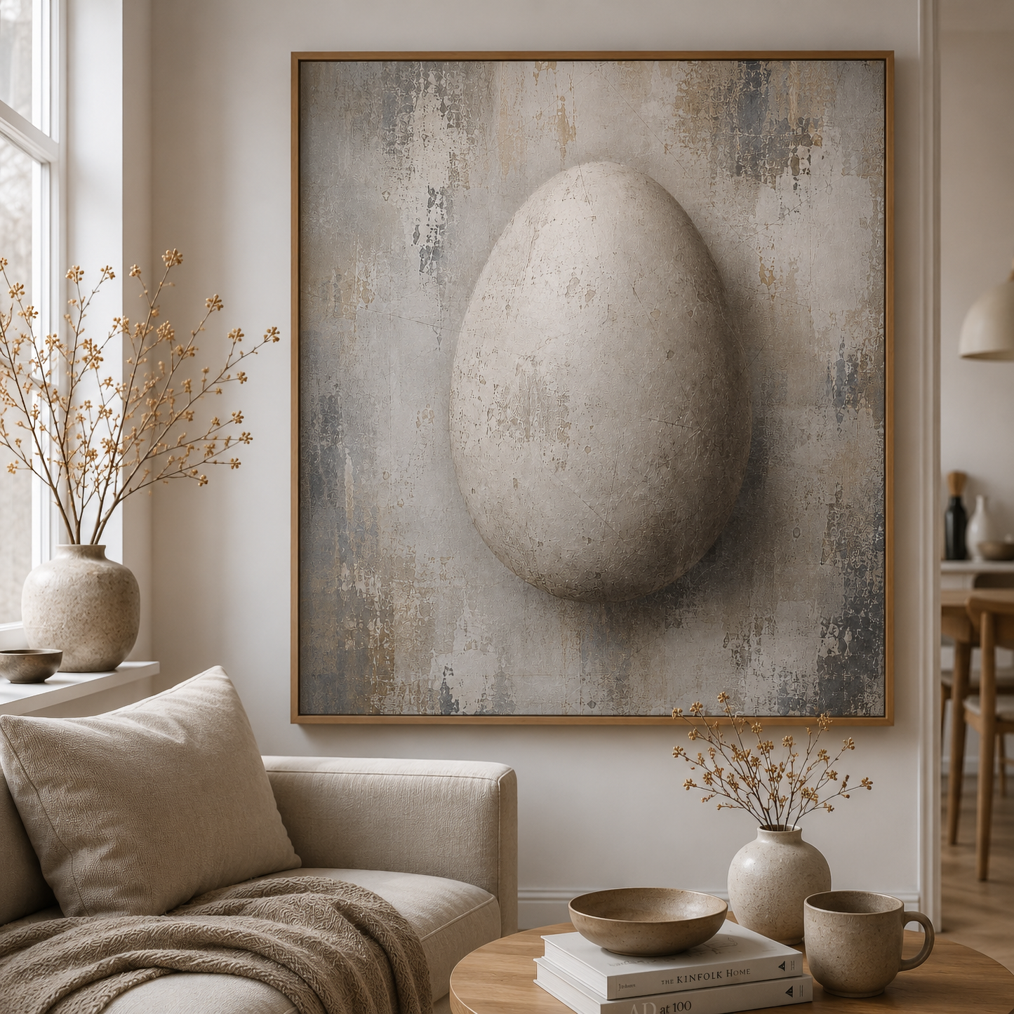 Framed pale distressed abstract artwork with an egg form emerging through layered textures displayed in a contemporary interior