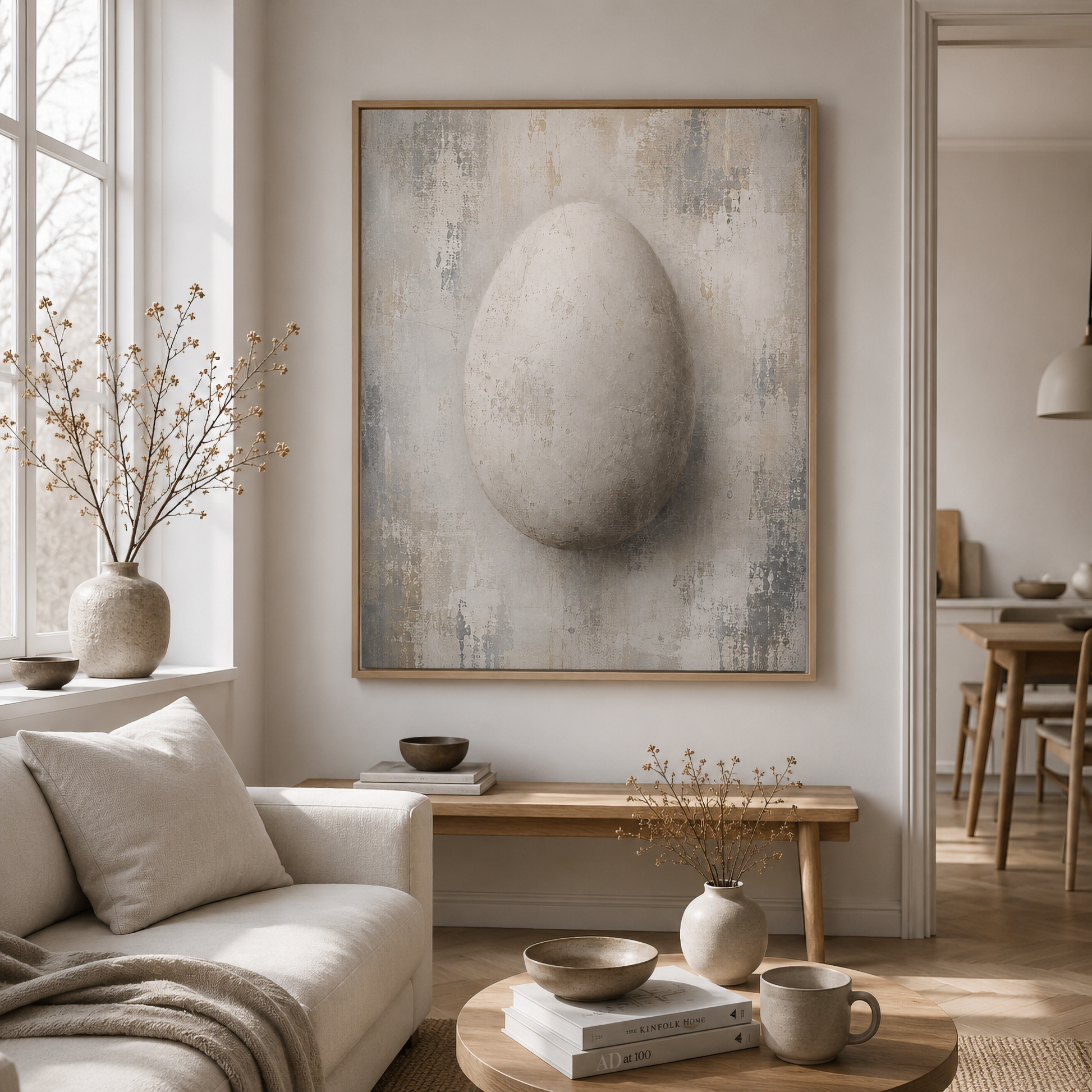 Framed pale distressed abstract artwork with an egg form emerging through layered textures displayed in a contemporary interior