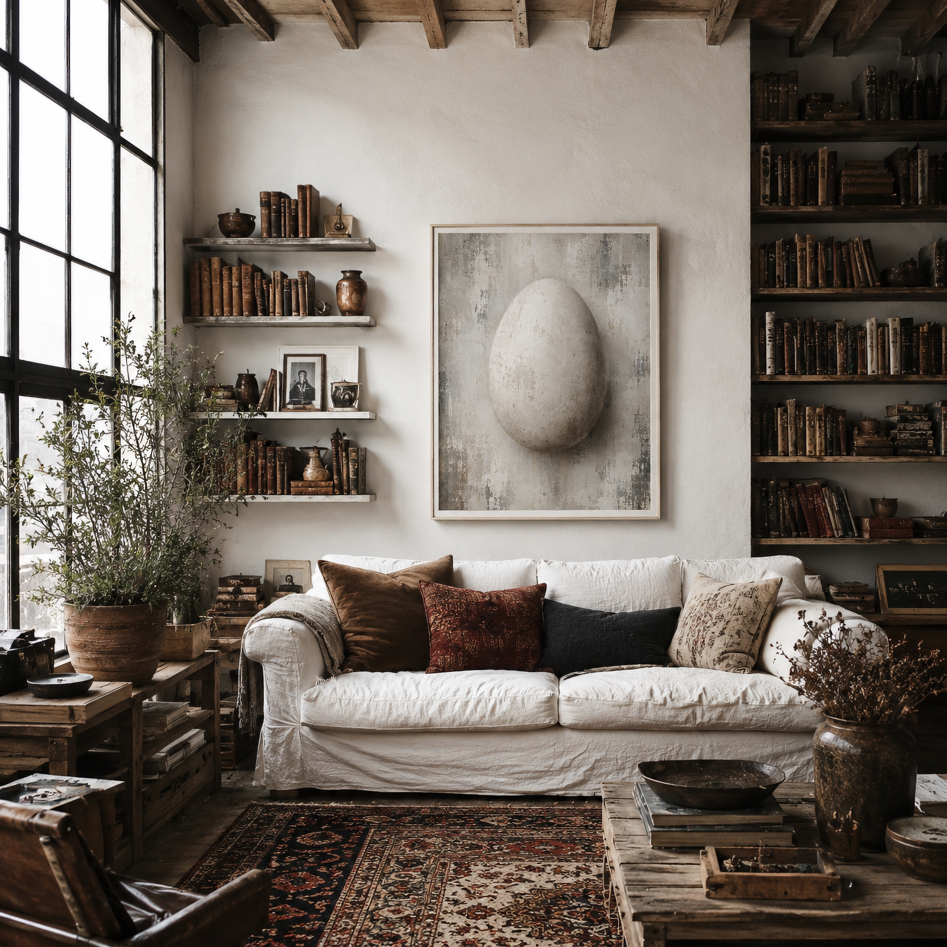 Framed pale distressed abstract artwork with an egg form emerging through layered textures displayed in a contemporary interior