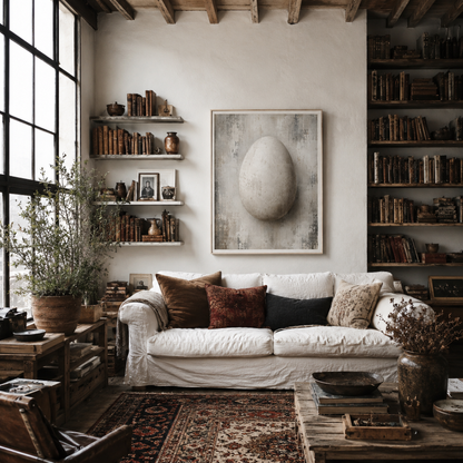 Framed pale distressed abstract artwork with an egg form emerging through layered textures displayed in a contemporary interior