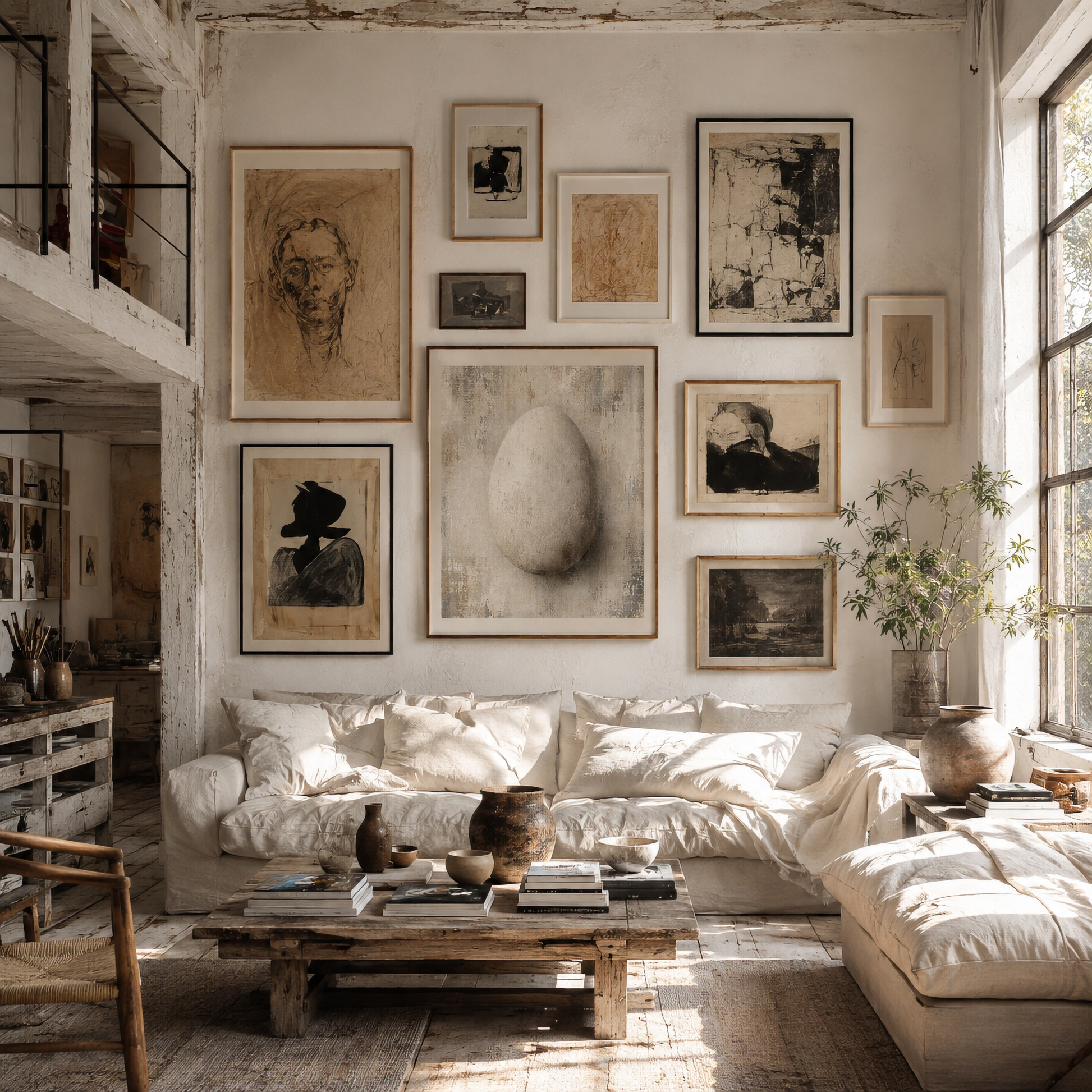 Framed pale distressed abstract artwork with an egg form emerging through layered textures displayed in a contemporary interior