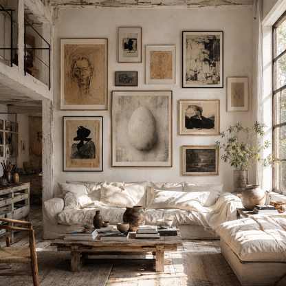 Framed pale distressed abstract artwork with an egg form emerging through layered textures displayed in a contemporary interior