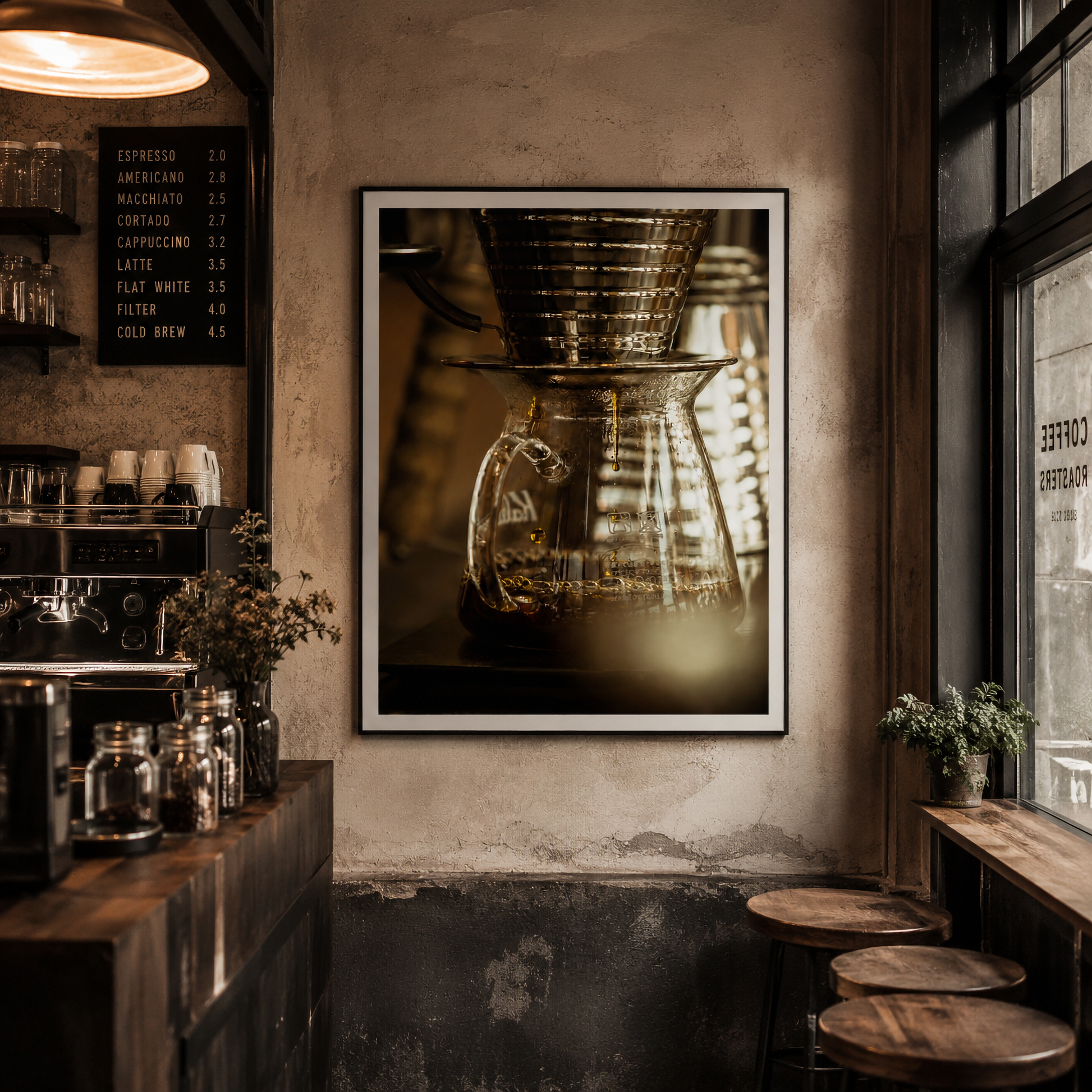 Framed close-up pour-over coffee photography from Slow Drip displayed in a contemporary interior