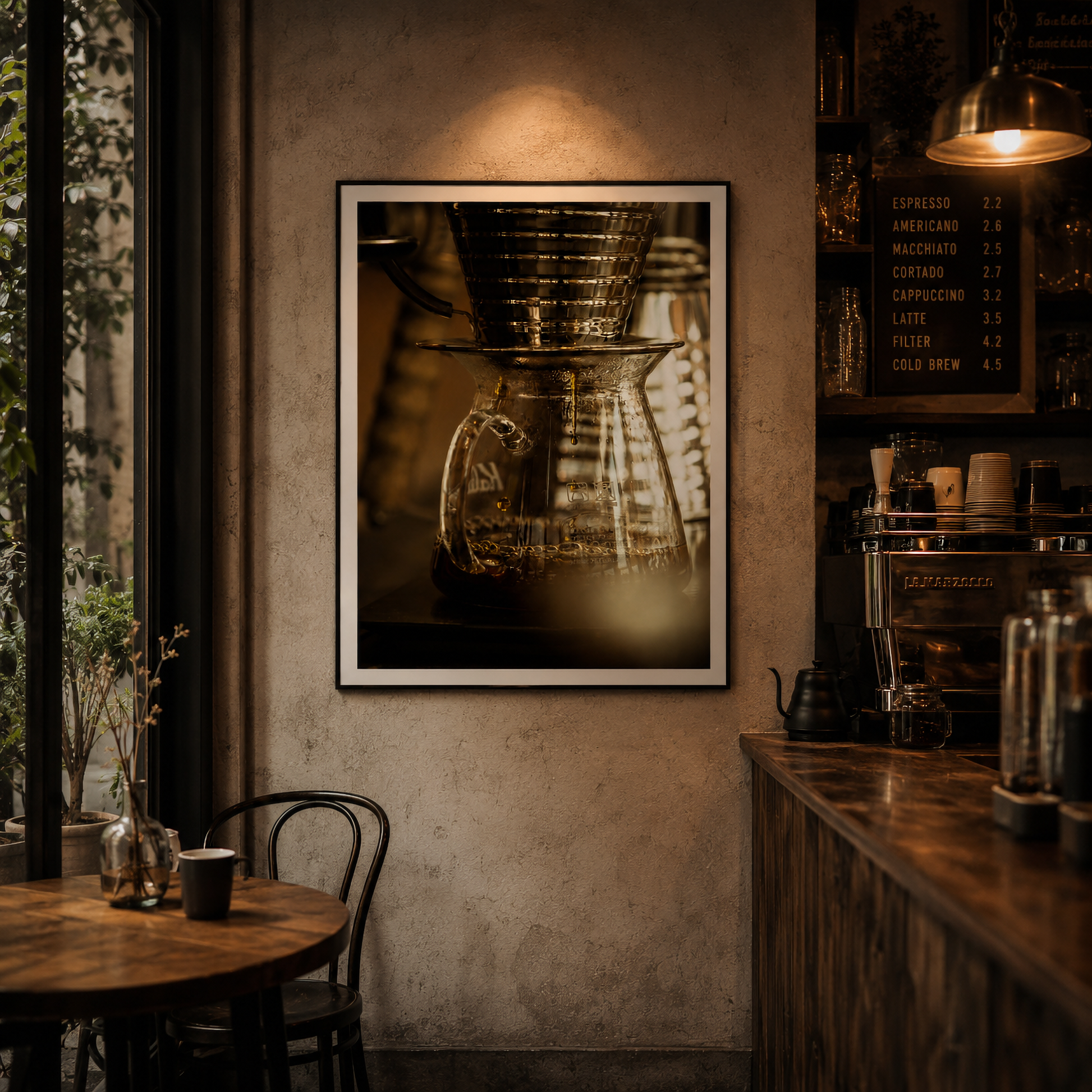 Framed close-up pour-over coffee photography from Slow Drip displayed in a contemporary interior