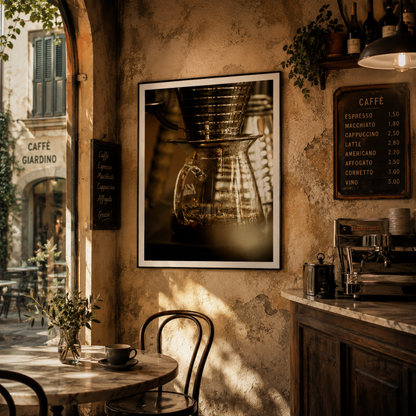 Framed close-up pour-over coffee photography from Slow Drip displayed in a contemporary interior