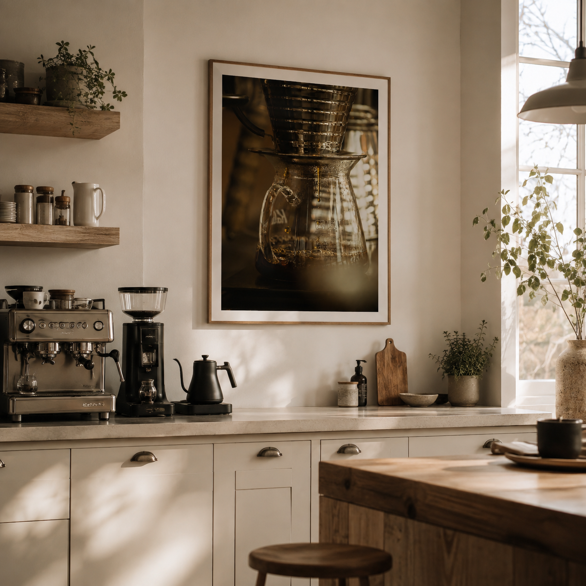 Framed close-up pour-over coffee photography from Slow Drip displayed in a contemporary interior