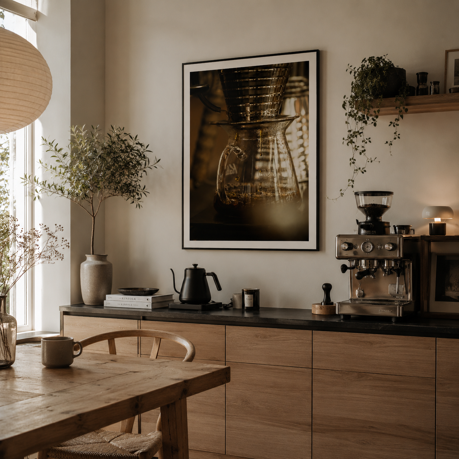 Framed close-up pour-over coffee photography from Slow Drip displayed in a contemporary interior