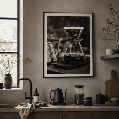 Framed minimal coffee brewing photography from The Pour displayed in a contemporary interior