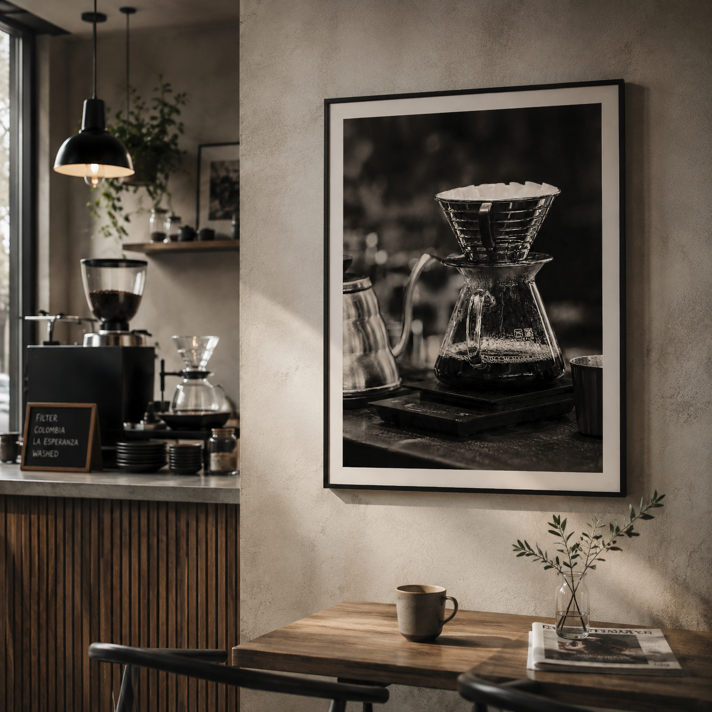 Framed minimal coffee brewing photography from The Pour displayed in a contemporary interior
