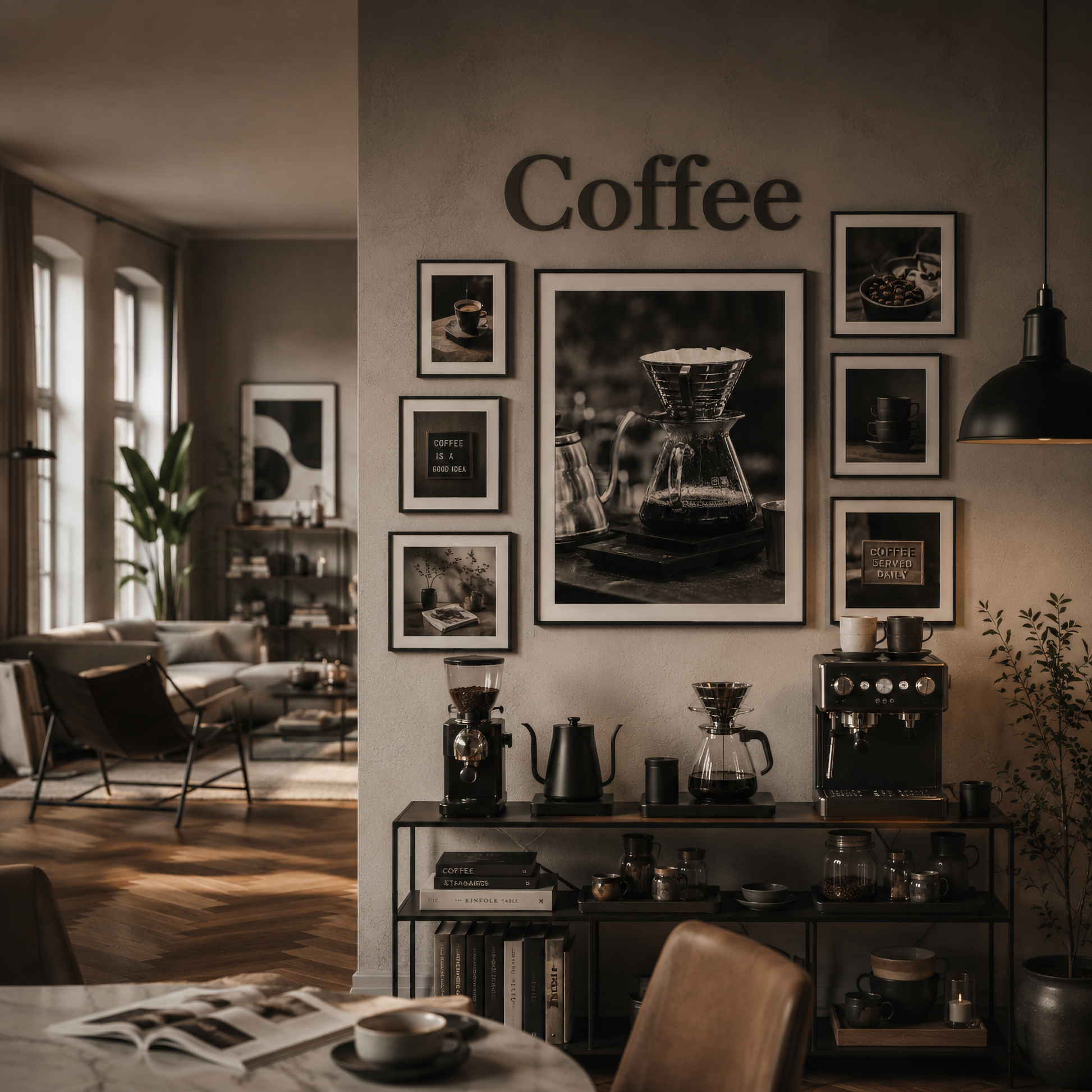 Framed minimal coffee brewing photography from The Pour displayed in a contemporary interior