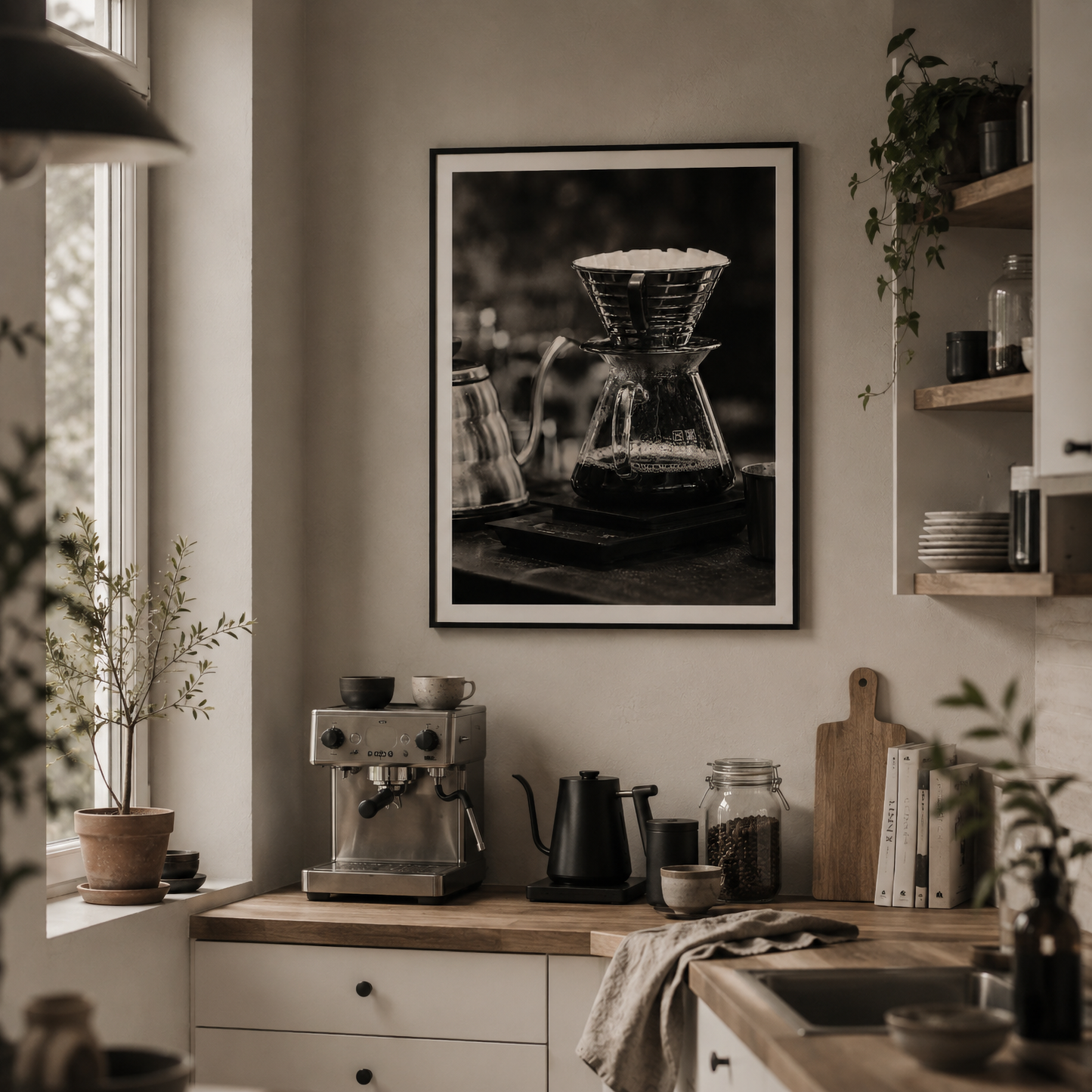 Framed minimal coffee brewing photography from The Pour displayed in a contemporary interior