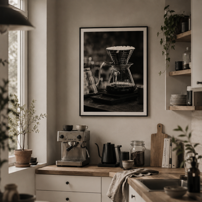 Framed minimal coffee brewing photography from The Pour displayed in a contemporary interior