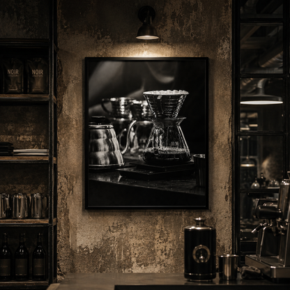 Framed black and white coffee photography from After the Pour displayed in a contemporary interior