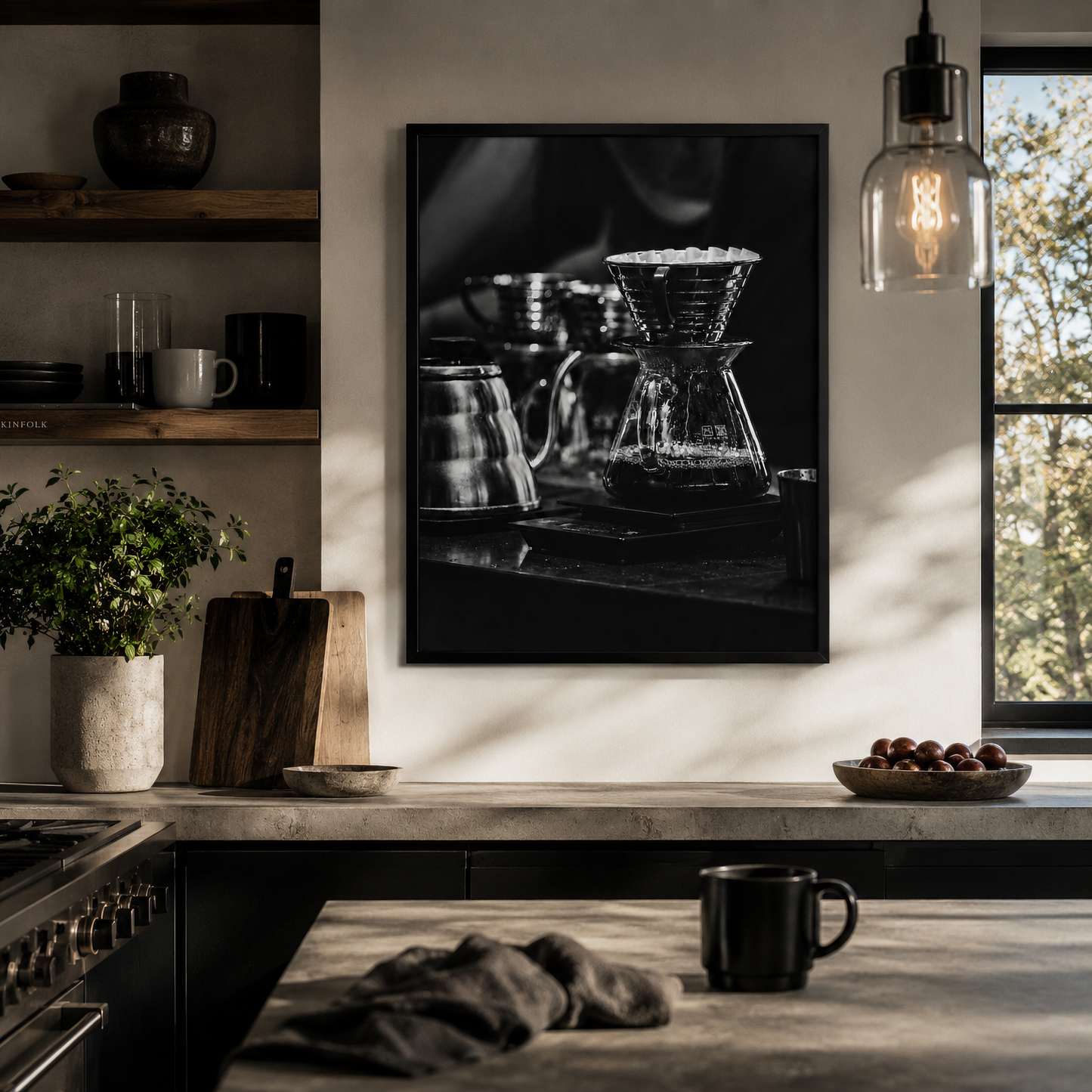 Framed black and white coffee photography from After the Pour displayed in a contemporary interior