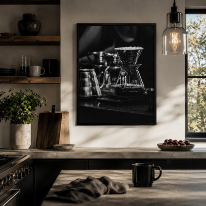 Framed black and white coffee photography from After the Pour displayed in a contemporary interior