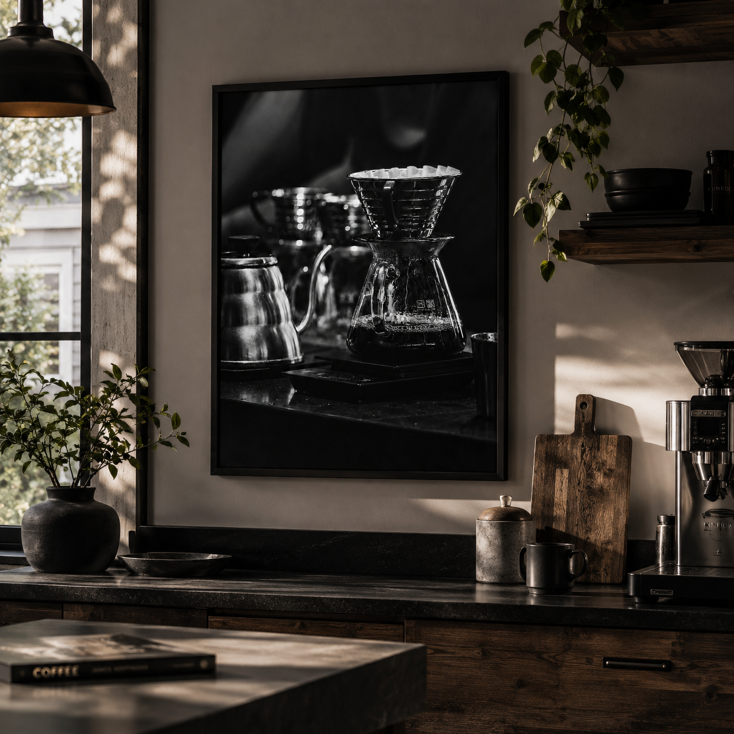 Framed black and white coffee photography from After the Pour displayed in a contemporary interior