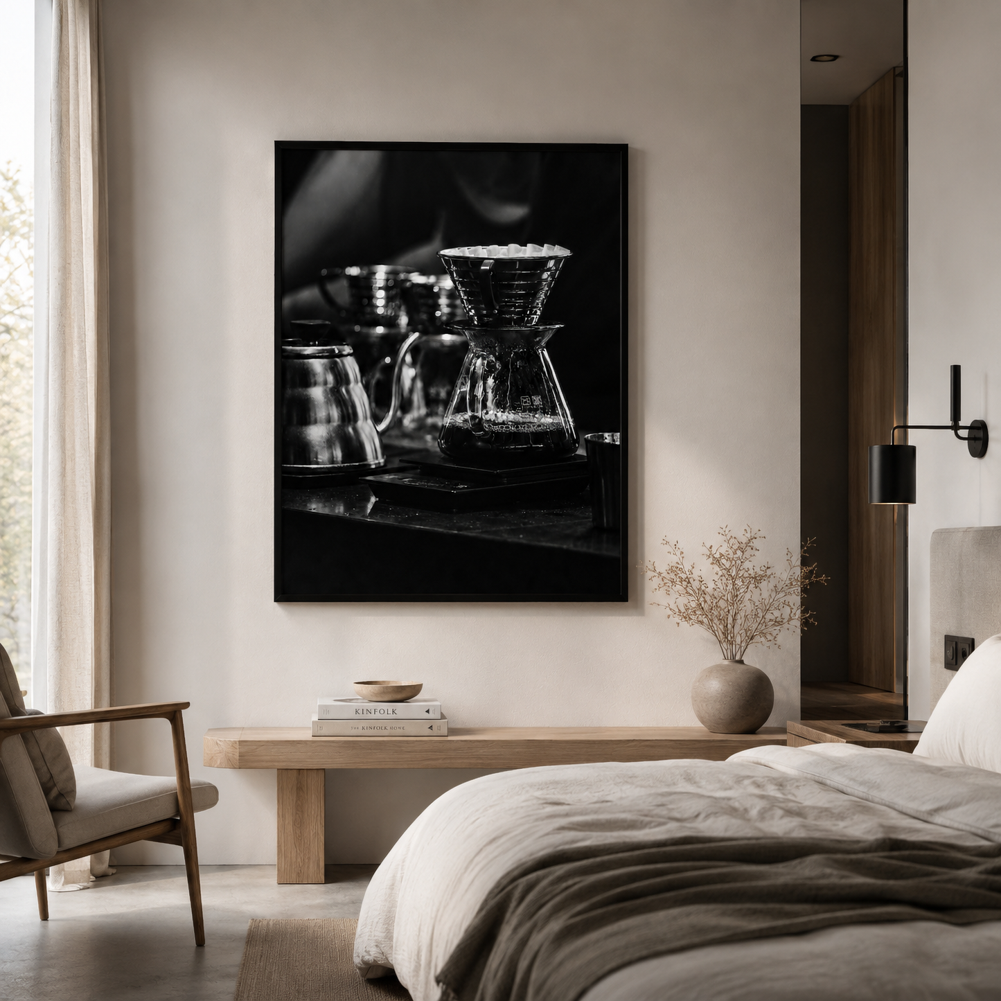 Framed black and white coffee photography from After the Pour displayed in a contemporary interior