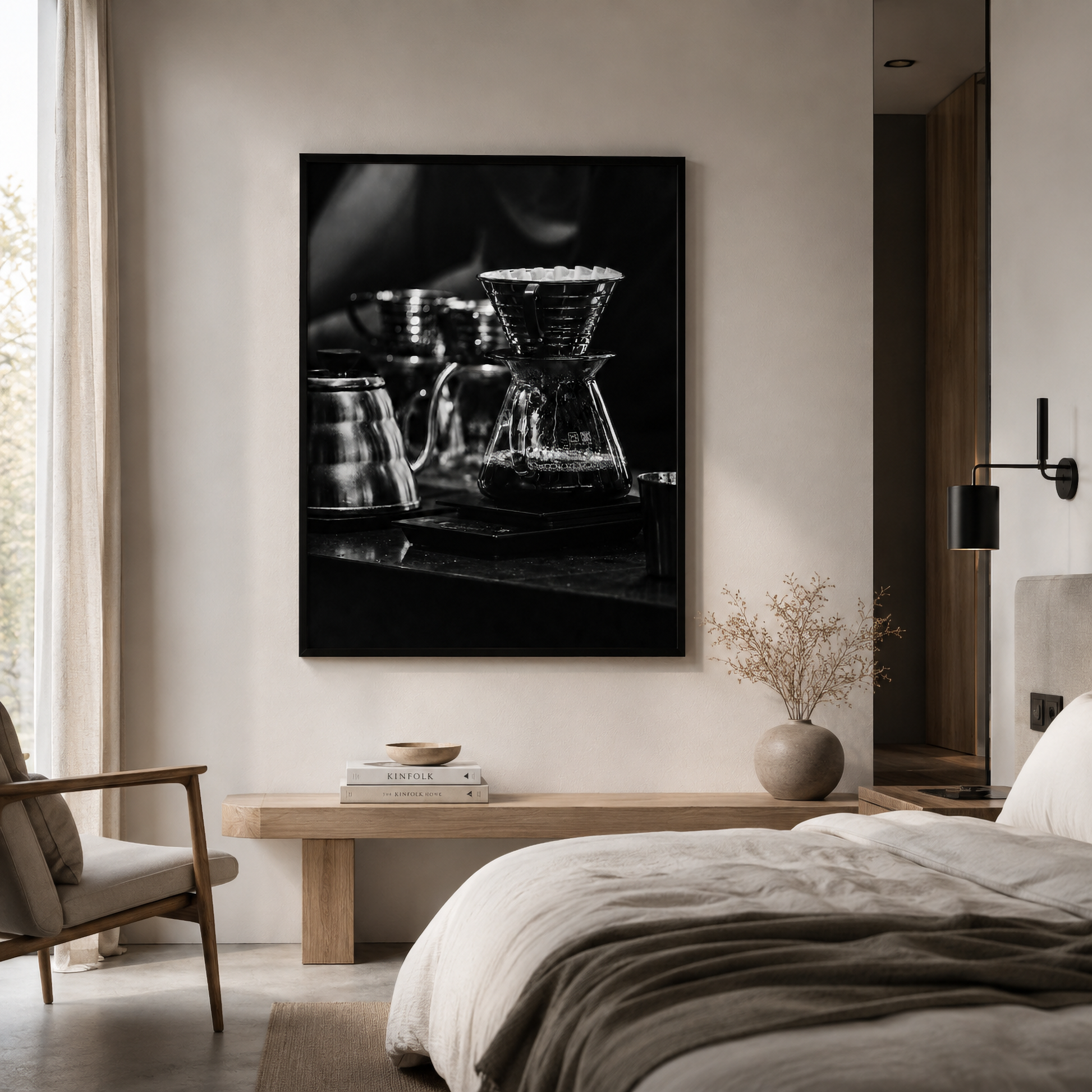 Framed black and white coffee photography from After the Pour displayed in a contemporary interior