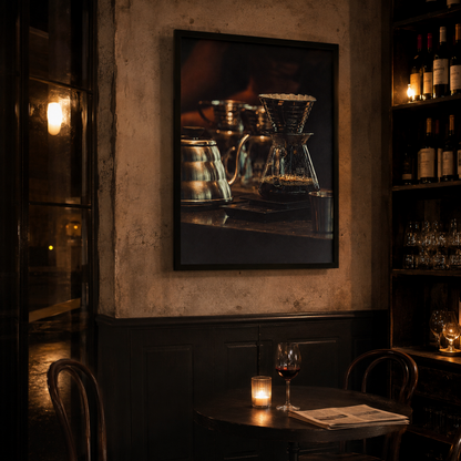 Framed moody coffee photography from the Night Brew series displayed in a contemporary interior