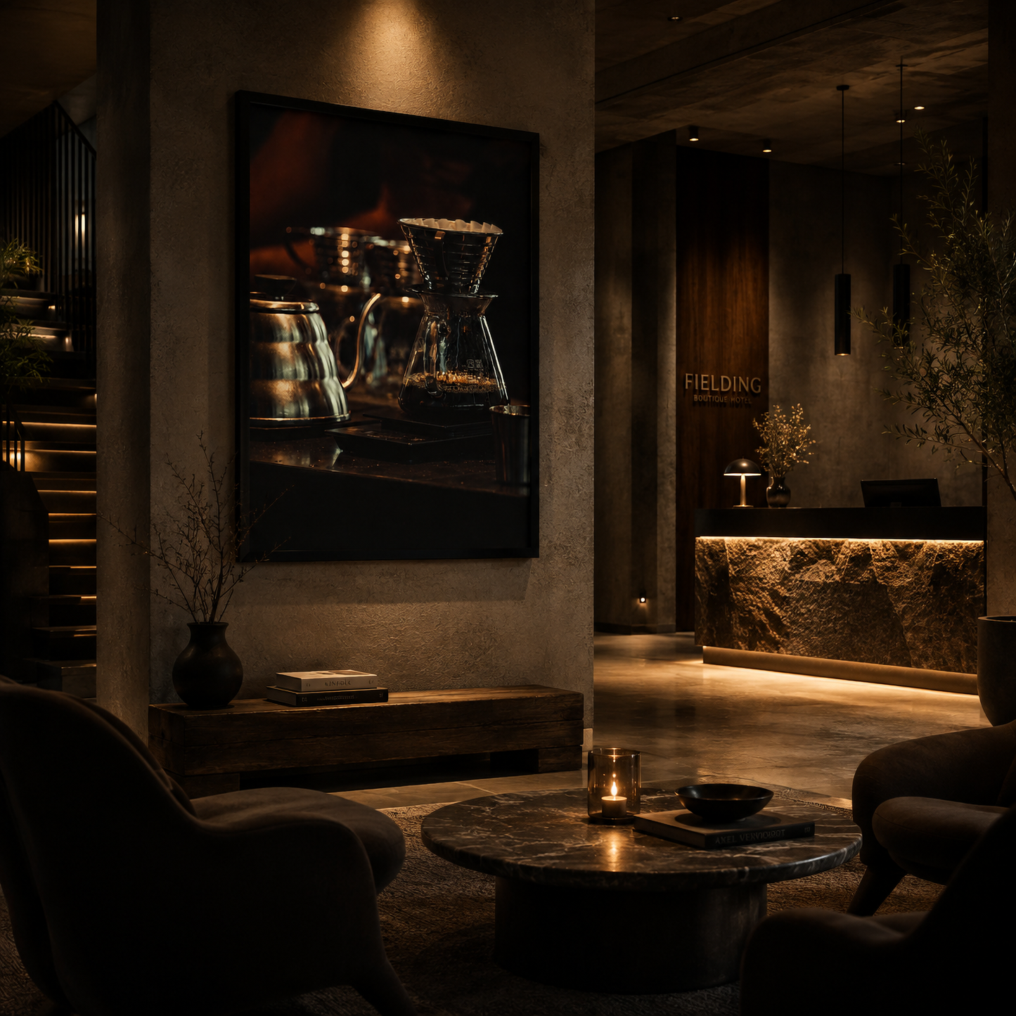 Framed moody coffee photography from the Night Brew series displayed in a contemporary interior