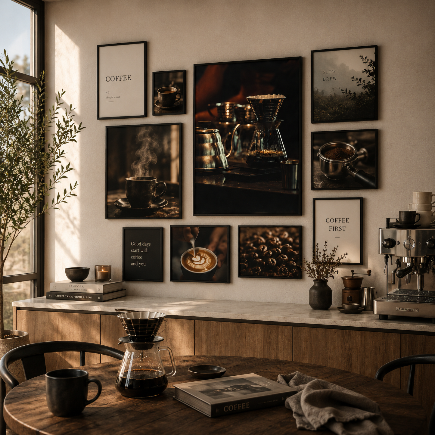 Framed moody coffee photography from the Night Brew series displayed in a contemporary interior