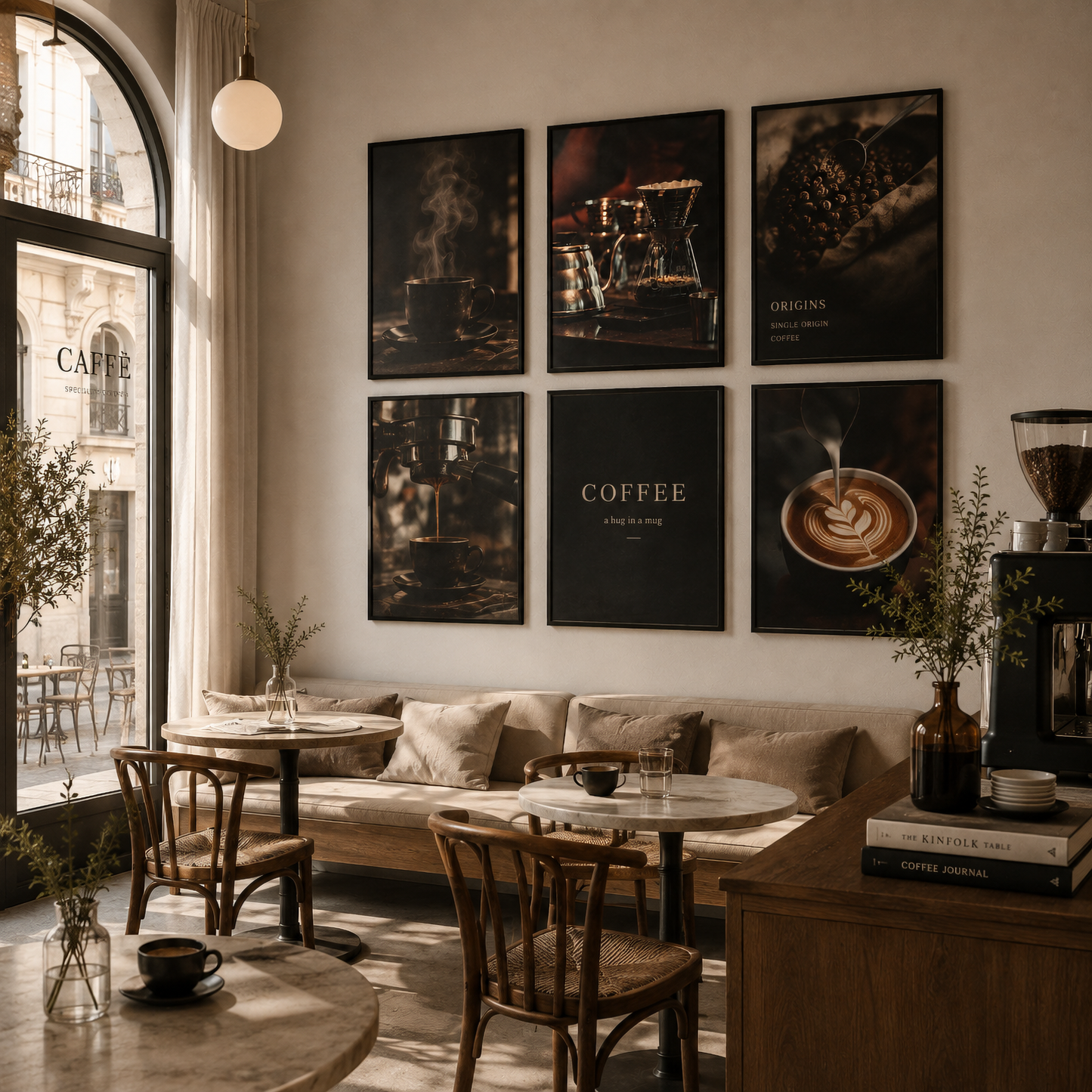 Framed moody coffee photography from the Night Brew series displayed in a contemporary interior