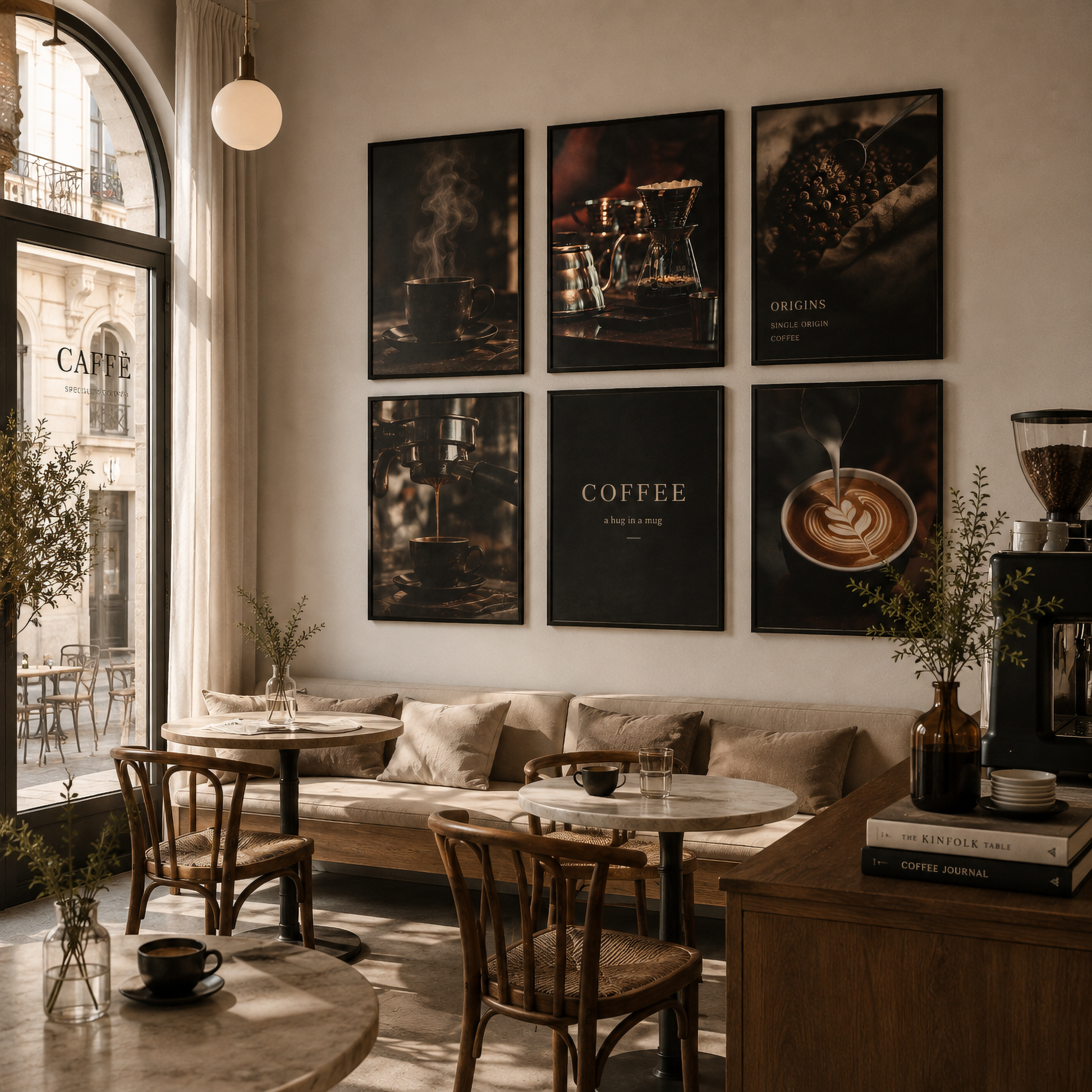 Framed moody coffee photography from the Night Brew series displayed in a contemporary interior