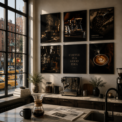 Framed moody coffee photography from the Night Brew series displayed in a contemporary interior