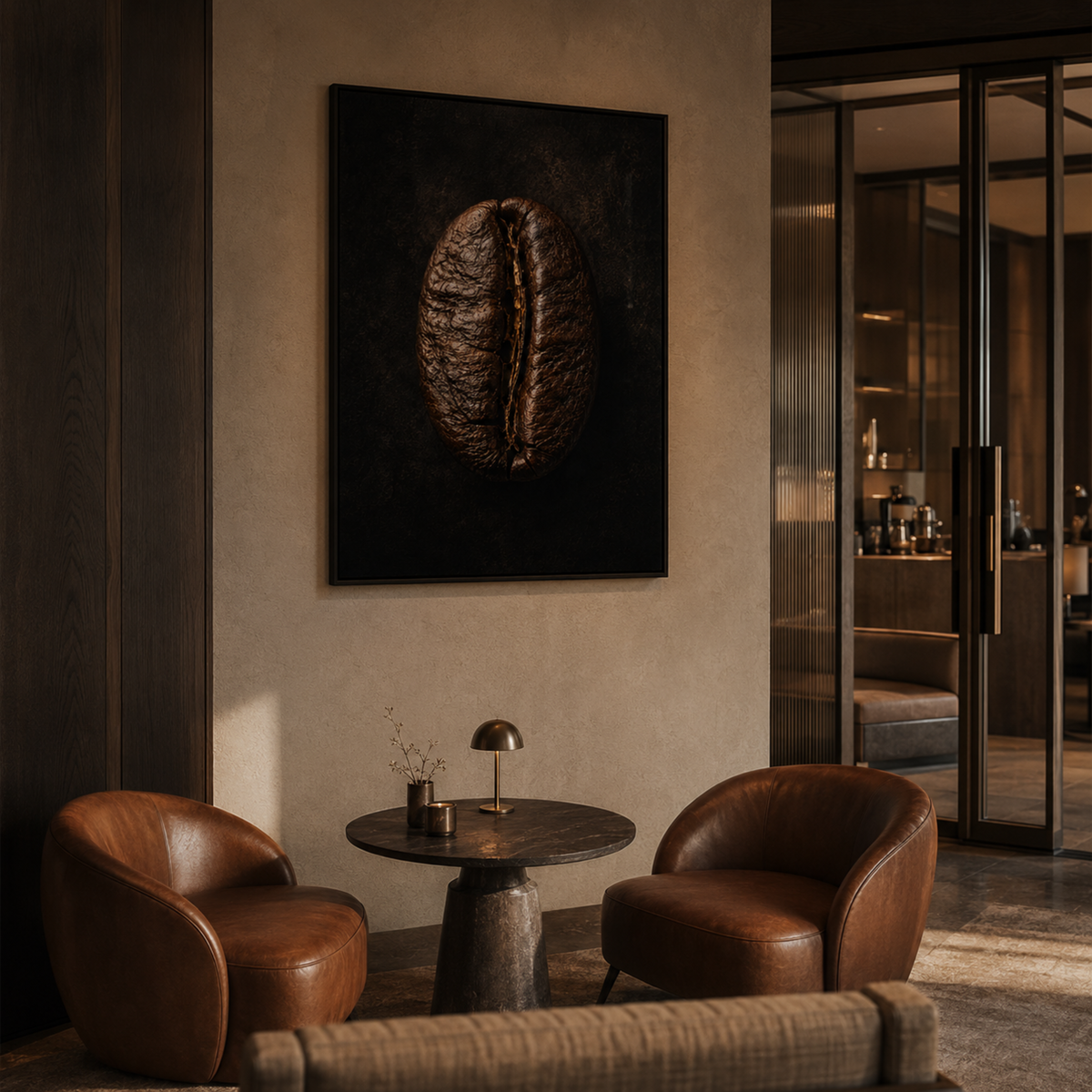 Close-up detail of large coffee bean wall artwork