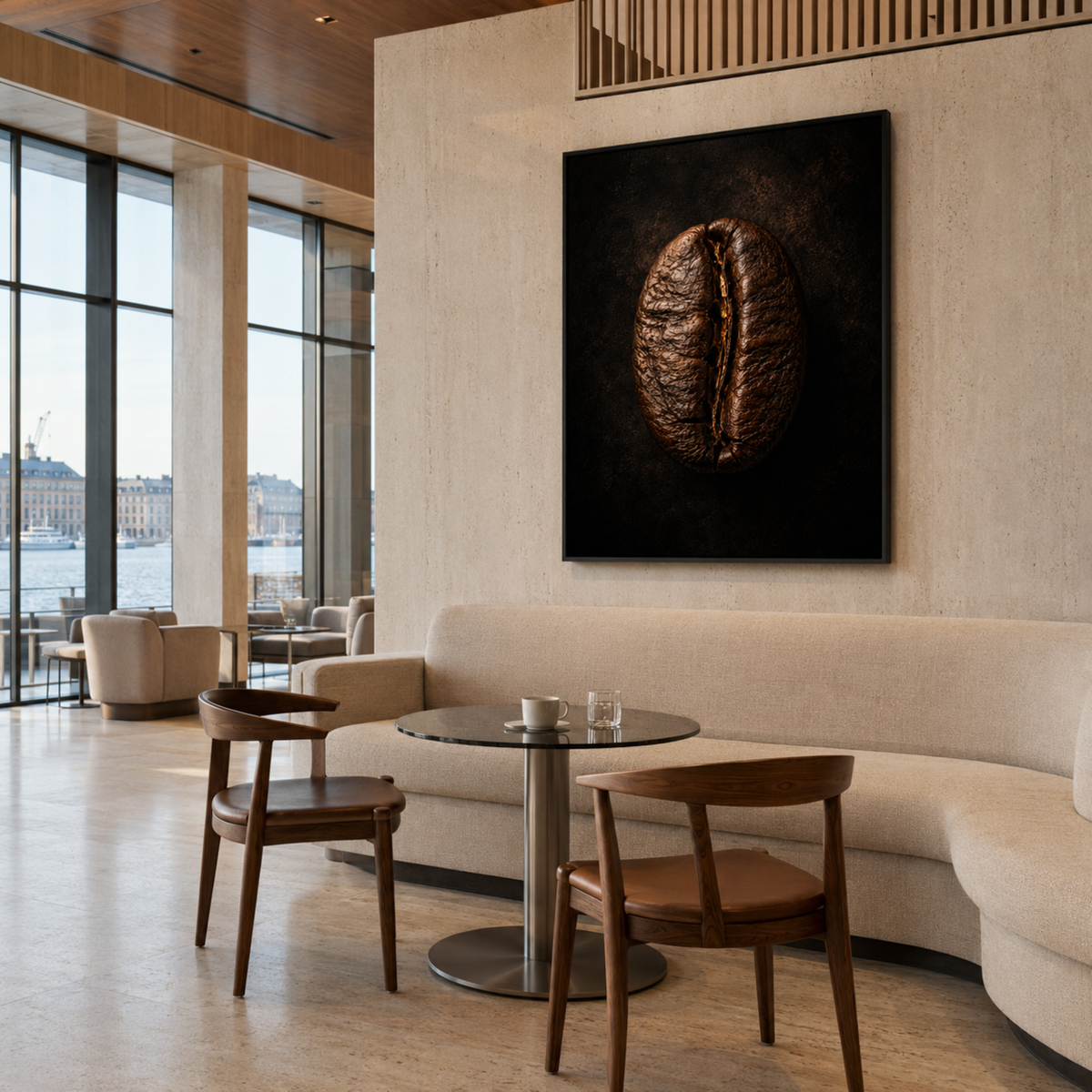 Close-up detail of large coffee bean wall artwork