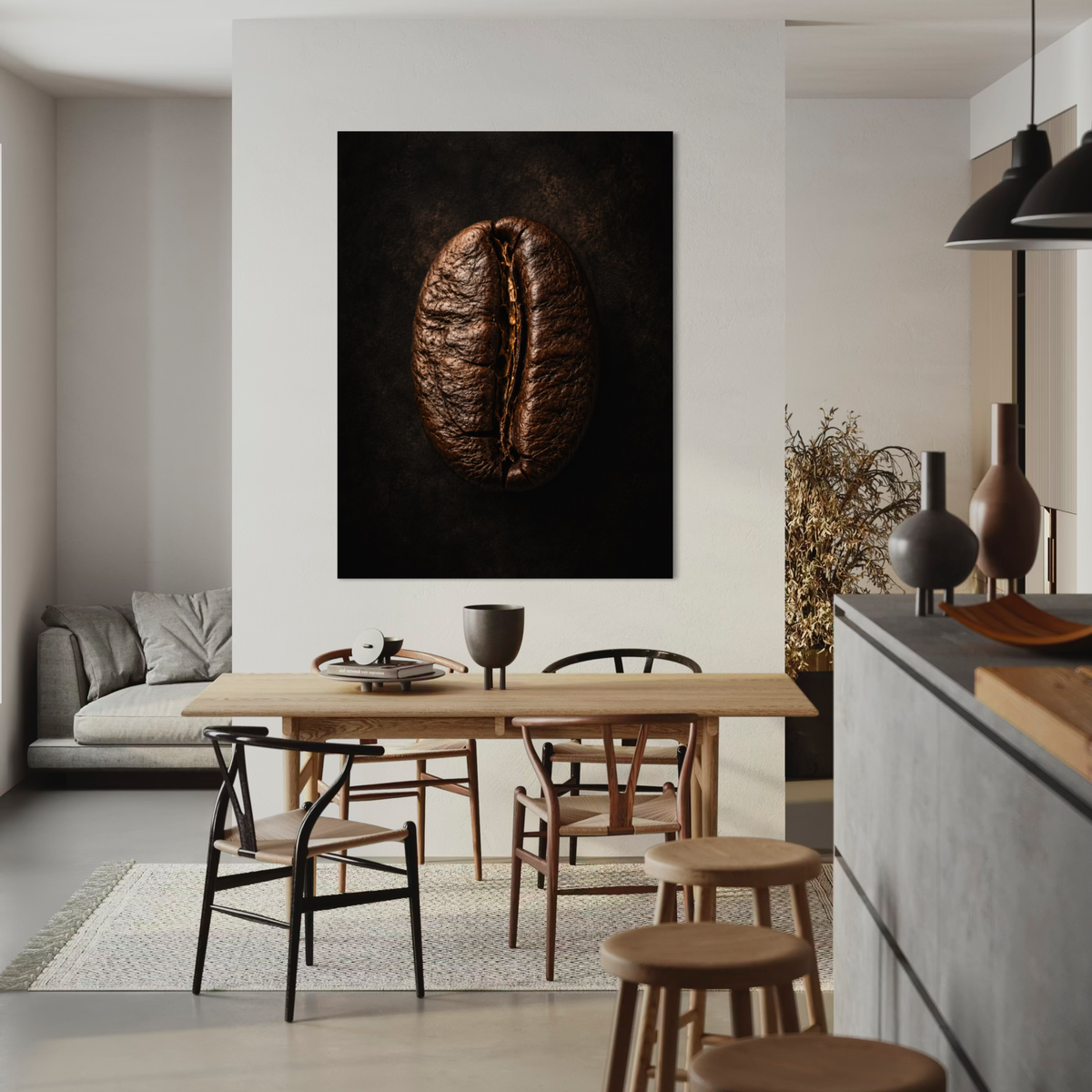 Close-up detail of large coffee bean wall artwork