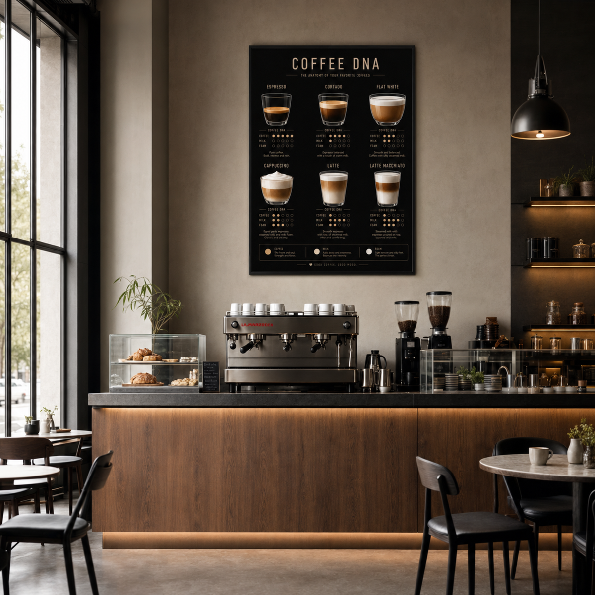 Close-up detail of Coffee DNA wall art exploring coffee varieties and flavour profiles