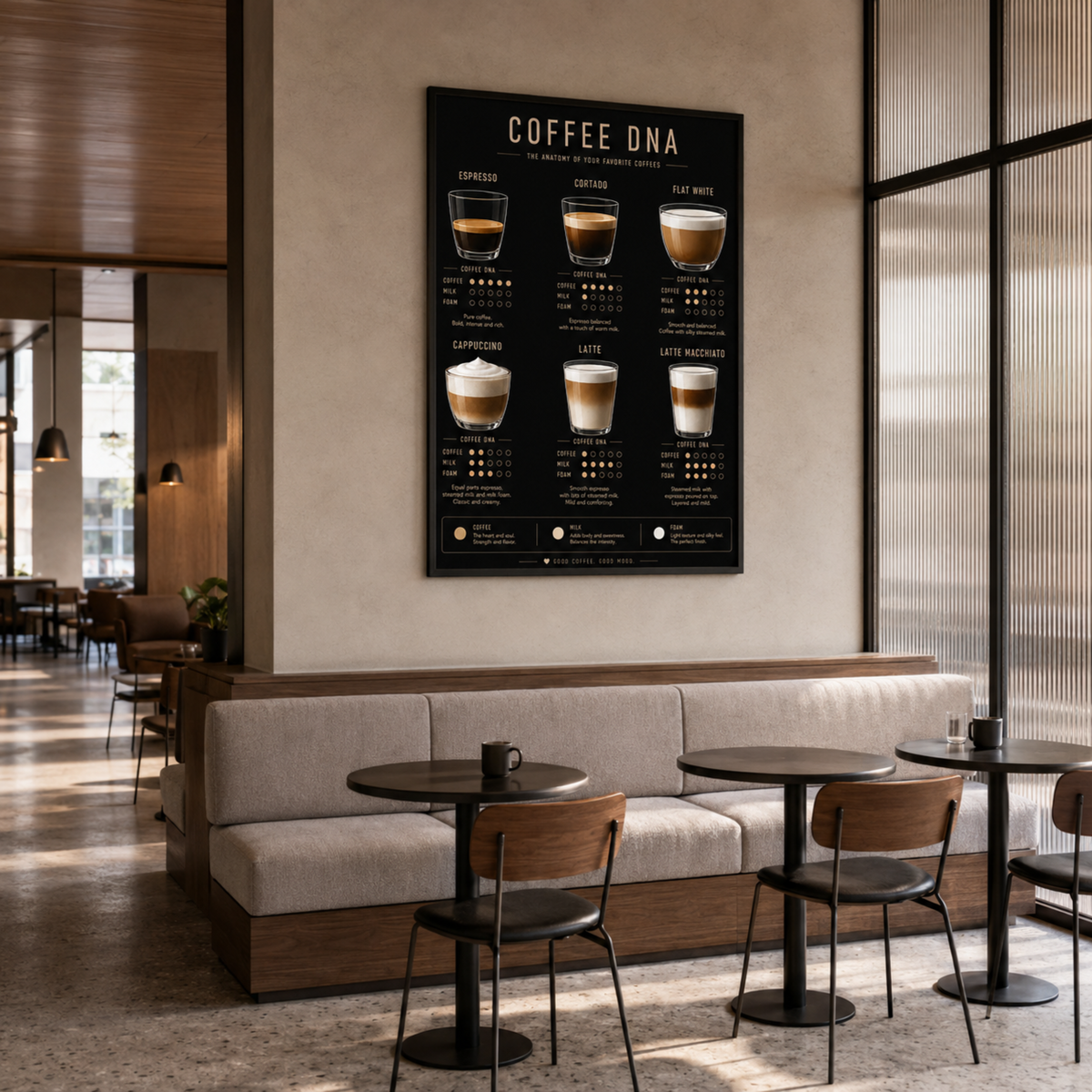 Close-up detail of Coffee DNA wall art exploring coffee varieties and flavour profiles